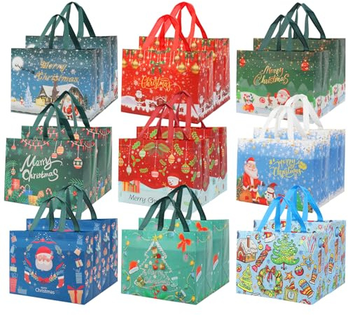 18Stück Geschenktüten Weihnachten Groß, Non Woven Weihnachtstaschen Weihnachtstüten Geschenktaschen mit Griffen, Weihnachtsgeschenktüten, Weihnachts Geschenktüten, 32,5x25 x17 cm