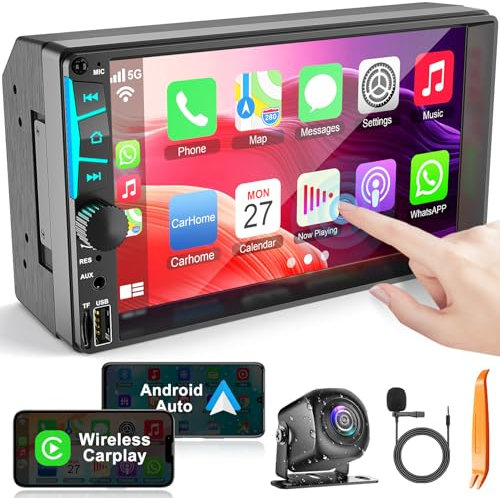 Kabelloses 7-Zoll-Doppel-DIN-Autoradio mit Carplay Android Auto-Touchscreen, Auto-Audio-Receiver-Headunit, Bluetooth 5.3, Rückfahrkamera, FM/AM/RDS, SWC, Mirrorlink, Ladefunktion
