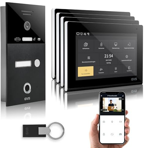 GVS - IP Video Türsprechanlage mit Türöffner, Fingerprint & RFID, HD Kamera, 4X 7 Zoll Monitor & App - Smarte Video Türklingel mit Kamera & Gegensprechanlage für 1 Familienhaus (AVS5287U)