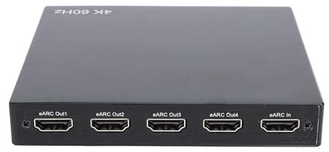 ASHATA 4K EARC HDMI 4x1, Switcher mit Fernbedienungsunterstützung IR EDID HDCP 2.2 4K 60Hz Video Switcher Auswahl, HDMI Bidirektional für L/R Headset (EU)