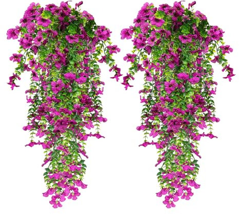 HBell 4Pcs Artificial Hanging Flowers,UV-Resistant Fake Hanging Plants Flower Bouquet Hang Vine Plants Drooping Plant for Wall Home Garden Yard Patio Wedding Indoor Outdoor Decoration (Pueple)