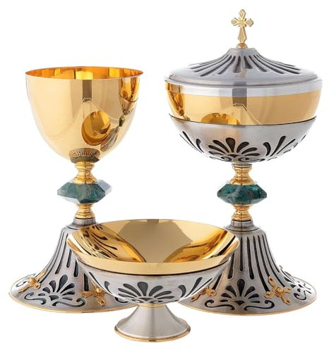 Holyart Kelch, Ziborium, Hostienschale, aus zweifarbigen Messing, Nodus aus Fluorit, Kelch