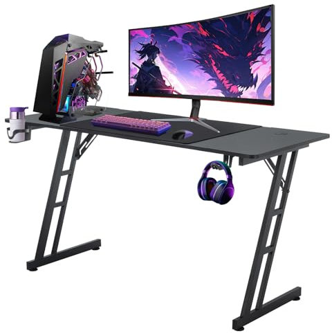 Gaming Tisch, Schreibtisch 120x60 mit Kohlefaseroberfläche, Z Rahmen Stabiler , Computertisch Ergonomischer mit Kopfhörerhaken und Becherhalter, Gaming Schreibtisch für Gaming Studium Arbeit, Schwarz