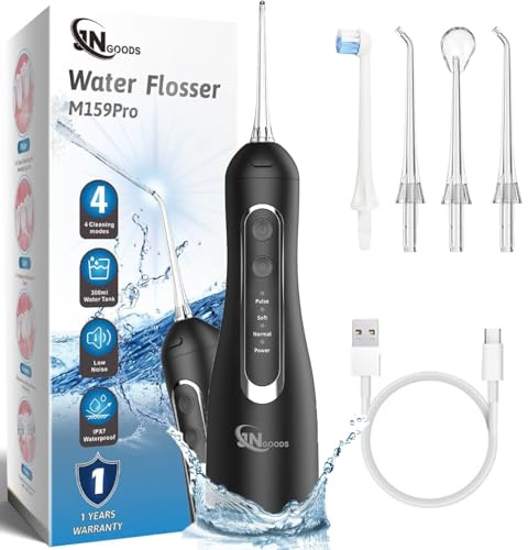 JNGOODS Cordless Water Dental Flosser Oral irrigator,JNGOODS 300ml Rechargeable Water flosser for Teeth IPX7 Waterproof 4 Modes Portable Oral Irrigator with 4 Jet Tips, Travel Home use