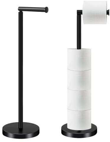 HOMEZI Black Toilet Roll Holder Free Standing with HEAVY BASE Premium Toilet Roll Stand Stainless Steel loo roll holder for Bathroom 2 in 1 Holder and Storage for 5 Rolls - Black