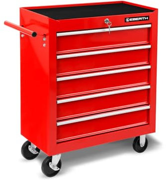 EBERTH Werkstattwagen Werkzeugwagen Leer, 5 Schubladen, aus Metall mit Doppelwand, Rot Pulverbeschichtet, 2 Lenkrollen mit Bremse, Griff zum Lenken, Montagewagen Rollbar für Kfz Werkstatt