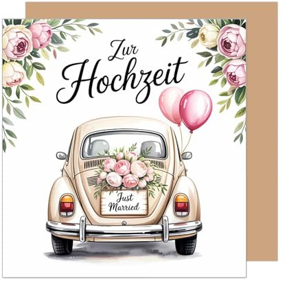 Edition Seidel Premium quadratische Glückwunschkarte zur Hochzeit mit Umschlag. Hochzeitskarte Grußkarte Vermählung Just Married Blume Oldtimer Liebe (HQ150 SW025)