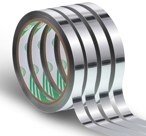 4 Rollen Metallic Klebeband Silber, Metallband Selbstklebend Spiegelklebeband 10mm x 50m, Wasserfestes Deko Washi Tape Silber, Aluminium Klebeband Optik für Scrapbook Basteln Fliesennaht Wand