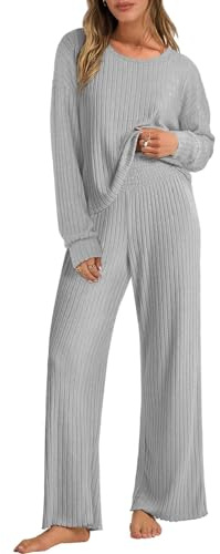 Yutdeng Tuta Donna 2 Pezzi Maglia a Coste Maniche Lunghe con Girocollo e Pantaloni Lunghi a Gamba Larga Completi Tuta Sportiva Tinta Unita Completo Set per la Casa, da Jogging,Grigio Chiaro,M
