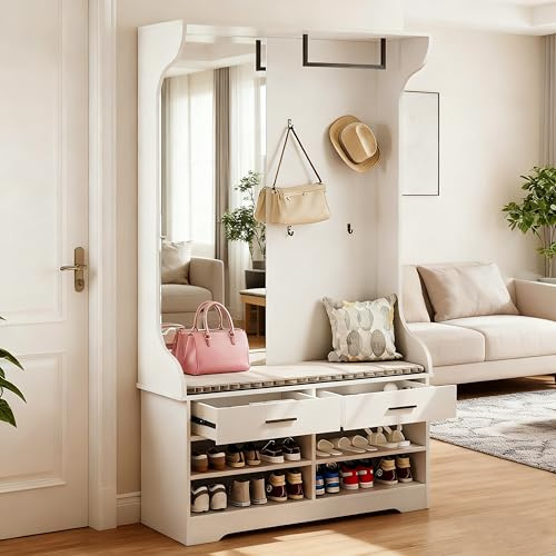 FOERPL Appendiabiti Ingresso con Panca Scarpiera, Set di Mobili Corridoio con Portascarpe,Ganci,Specchio e Asta Appendiabiti, per Entrata (Bianco)