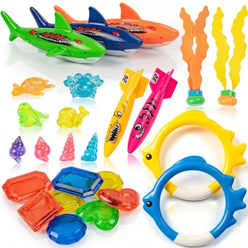 Cozycharm Pool Toys for Kids Ages 4-8, 26 Pcs Diving Toys, Diving Rings, Swimming Pool Games with Storage Net Bag, Torpedo, Gem, Sea Animal & Diving Ring, Pool Decoration, Summer Pool Party Toys