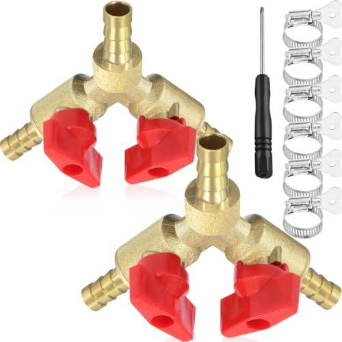 HAAMNING7 3 Way Hose Connector Gas Quick Release Ball Valve Fitting Y Shape Barb Pipe Split Brass 5/16 8mm for Water Oil Gas Garden Watering, with On Off Switch, with Pipe Clamps, 2 PCS