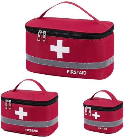 XINGSUI 3 Pezzi Vuoto Borsa per Medicine Multifunzionale, per Casa, Ufficio | Tessuto Oxford, 3 misure, rosso, con tasche a livelli,borsa vuota,con strisce riflettenti,per la conservazione dei medicinali