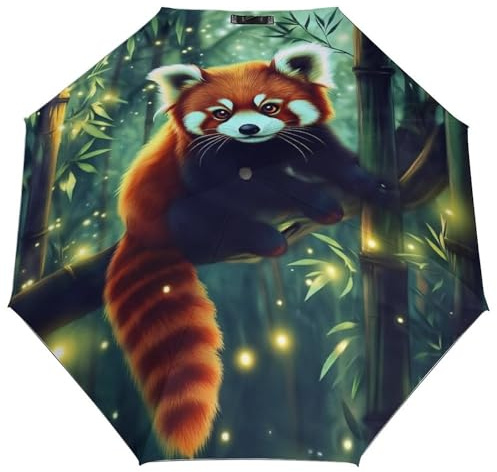 Anceky Ombrello pieghevole Red Panda Bamboo-1 per donna e uomo, compatto, automatico, con apertura e chiusura, protezione solare e UV, pioggia