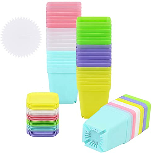 BeVistoso Fioriere in plastica, Vasi per piante quadrati Vasi da fiori in plastica multicolore Vivaio traspirante con vassoi Etichetta per piante per balcone da giardino 36 pezzi per la casa