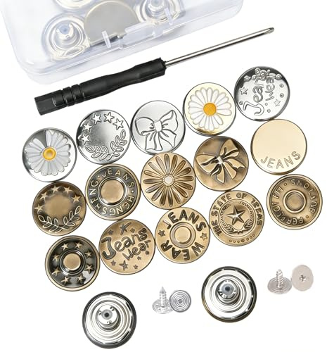 20Pcs Jean Buttons Replacement, Storage Box & Screwdriver, Easy Install