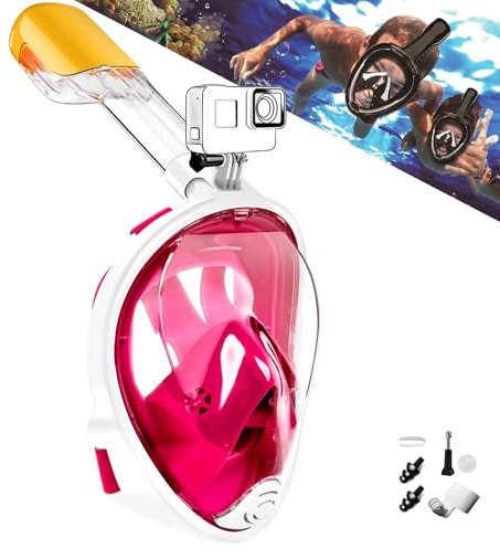 HINATAA - Maschera integrale da snorkeling a 180°, design a respirazione libera, con supporto per fotocamera staccabile, set professionale da snorkeling per adulti e ragazzi
