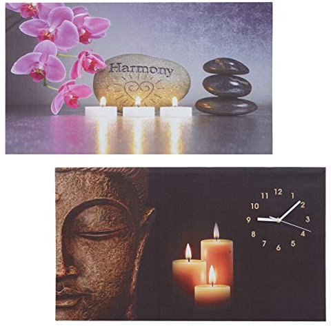 Mendler 2er-Set LED-Bild, Leinwandbild Leuchtbild Wandbild, Timer Buddha/Harmony Wanduhr 70x40cm
