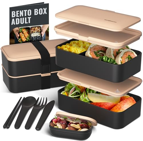 Premium Bento Lunchbox in 8 modernen Farben, 2 Fächer, auslaufsicher, inklusive Saucenbehälter, Trennwand, japanische Bento-Box für Erwachsene, mikrowellen- und spülmaschinenfest