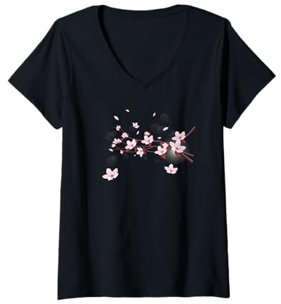Femme Fleur DE Cerisier Sakura, Fleur DE Fleurs AU Printemps T-Shirt avec Col en V