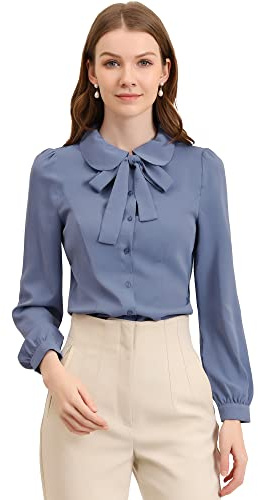 Allegra K Damen Langarm Chiffon Hemd Bubikragen Krawatten Ausschnitt Knopfleiste Elegante Top Bluse Staubiges Blau M