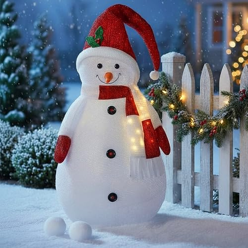 XXL LED Stoff Schneemann für Außen mit Timer - 140 cm - Beleuchtete Gartenfigur mit 20 LED - Deko Garten Figur wasserfest mit Timer Batterie betrieben