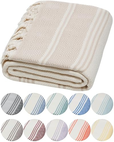 DEMMEX Toalla de algodón Turco orgánico 100% Certificado, Prelavado, Tejido de Diamante, Toalla peshtemal de algodón Turco para baño, Playa, Piscina, SPA, Gimnasio, XL 180x90 cm (Blanco-Beige)