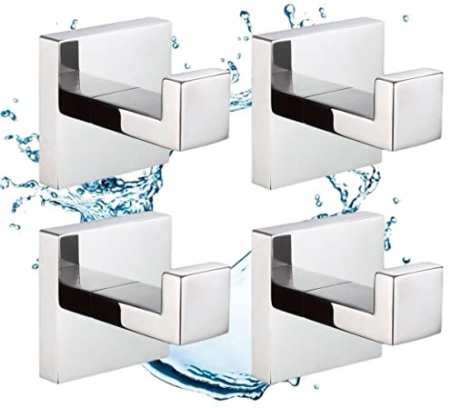 SHUNLI 4 Stück Chrom Handtuchhaken Wandhaken Kleiderhaken, Modern Quadrat Garderobenhaken Schwerlast Bademantelhaken für Bad&Küche, Wandhalterung/Edelstahl SUS304 Rostfrei