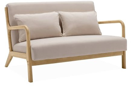 Skandinavische 2-Sitzer-Bank aus Holz und beigem Stoff, Lorens, B 124 x T 83 x H 77cm