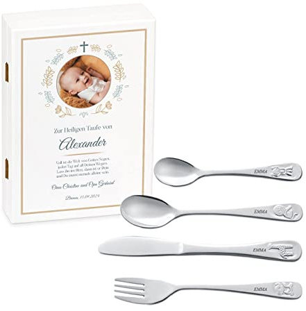 Maverton Kinderbesteck Set mit Gravur + Holzbox mit Aufdruck - mit Tieren - aus Edelstahl - Weiß - Geschenk für Jungen zum Geburtstag zur Taufe Geburt - Foto 3