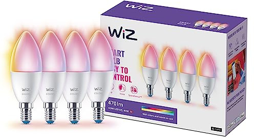 WiZ Lampadina Candela Smart LED WiFi, Luce Bianca e Colorata, E14, 40W, Tecnologia SpaceSense, Controllo Vocale (Alexa, Apple HomeKit, Google Home), confezione da 4