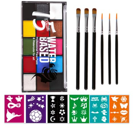 ANCLLO Face Colors Kinder-Make-up-Set, 15 Farben, Gesichtsbemalung, Make-up-Palette mit 4 Pinseln und 40 Tattoo-Vorlagen