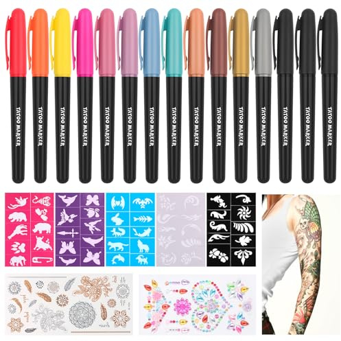 Tatuaggi Temporanei Penna Truccabimbi con 15 Tattoo Pen, 5 Fogli per Stencil Tatuaggi, Adesivi per Tatuaggi and Adesivi con Diamanti per Ragazzi, Ragazze, Carnevale, Halloween, Feste di Compleanno
