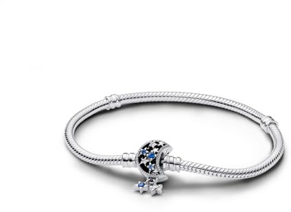 Pandora Moments Schlangenketten-Armband, Sterlingsilber, mit Mondverschluss mit blauem Sternenkristall und klarem Cubic Zirkonia