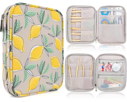Aeelike Gelbe Zitrone Rundstricknadeln-Etui, 23×18×3,5 cm, Stricknadeln Organizer Tasche mit Doppeltes Aufbewahrungsfach, Reißverschluss-Aufbewahrungstasche für Stricknadel, Rundstricknadeln, Zubehör