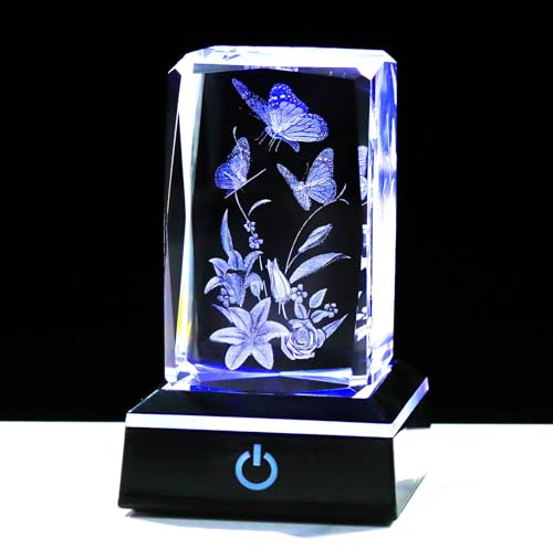 Ornalrist 3D Crystal Butterfly Ornaments Gifts for Women Birthday Christmas | Crystal Engraved 3D Butterfly Lily Flower Keepsake with Colourful Light Base Home Decor Unique Gifts for Mum on Mother's Day