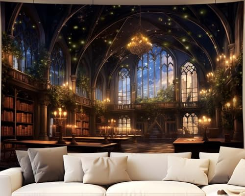 QGHOT Bibliotheks-Wandkunst, Märchen, magisches Schul-Bücherregal, Wandteppich für Teenager, Schlafzimmer, Wohnzimmer, Wohnheim, 230,1 x 180,1 cm