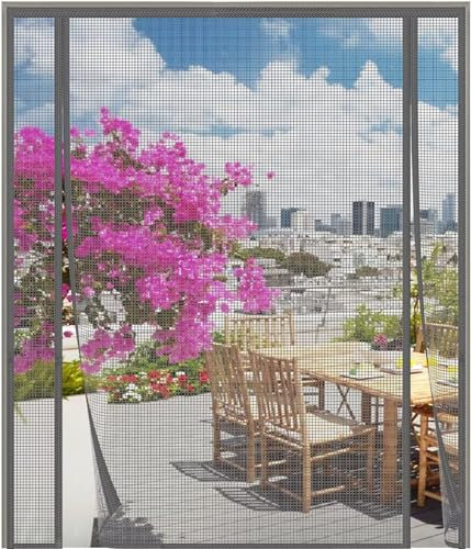 Fliegengitter Tür Magnet,165x200cm Fiberglas Fliegengittertür Balkontür ohne Bohren Insektenschutz Balkontür Doppeltür Fliegengitter Terrassentür Ideal für Schiebetür Balkontür，Grau