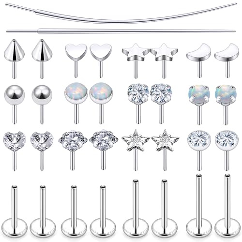 Leiainely Threadless Nose Rings Flat Back Stud Earrings Piercing Jewelry for Women Men 18g 18 Gauge 6mm Push In Bar Silver Flatback Cartilage Tragus Lip Labret Studs Hypoallergenic Surgical Steel