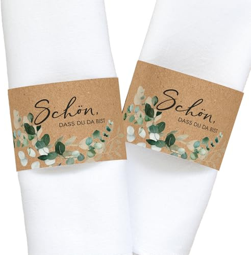 Mimi und Anton 12x Serviettenbanderolen Schön DASS du da bist | 21 x 6,5 cm | Servietten Banderole mit Eukalyptus Greenery Design (Braun)