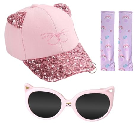 EHDWXVZM 1 Casquette de Baseball Chat, 1 Paire de Lunettes de Soleil, 1 Paire de Manches de Protection Solaire, Casquette à visière pour Enfants, Ensemble de Protection Solaire d'été