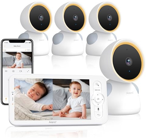 ARENTI Babyphone mit 4 Kamera und App 2K/3MP, 5 Zoll WiFi Video Babyphone PTZ 355°, Automatische Verfolgung, Schreierkennung, Temperatur- und Luftfeuchtigkeitssensor, Nachtsicht, kompatibel mit Alexa