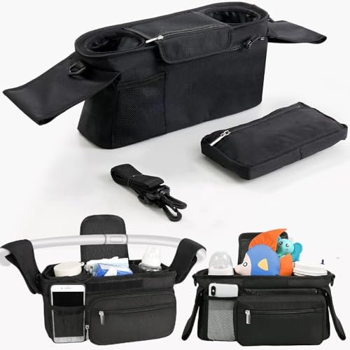 Esshogo 1 Stück Kinderwagen Organizer Universal mit Isolierten Getränkehalter, Kinderwagen Organizer, Buggy Tasche Organizer, Kinderwagen Zubehör mit Reißverschlusstasche, Schultergurt ist für Alle