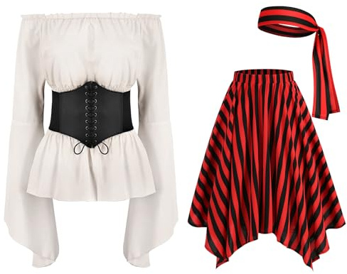 Odizli Piratenkostüm Damen Off Shoulder Bluse + Streifen Rock + Korsett Corsage + Kopftuch Wikinger Piraten Kostüm
