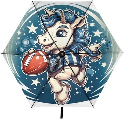Linnyio Süßes Blaues Cartoon Einhorn Taschenschirm, UV-Schutz, Kompakter Reiseschirm, Sonnenschutz für Jungen und Mädchen