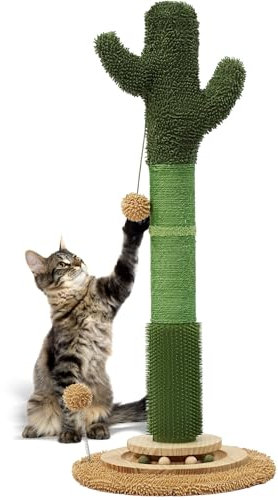 OTOB 36 Tall Cat Scratching Post, Natural Sisal Rope Cactus Scratcher Post, Vertical 6-in-1 Interactive Turntable Cat Scratch Post with Soft Ball Toys, Protect Your Furniture for All Indoor Cats
