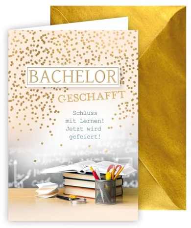 KE -Elegante Karte zum bestandenen Bachelor, Format B6 Glückwunschkarte Bachelor Abschluss, weißer Karton, mit aufgeklebtem Schriftzug Bachelor