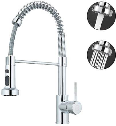 MILOT Kitchen Sink Mixer Tap, Spring Faucet with Pull Down Sprayer, 2 Spray Mode High Arc Swivel 360, Brass Single Lever Pull Out Kitchen Tap, Polished Chrome