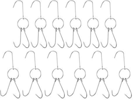 sourcing map 12Pcs Double Meat Hooks 9.5 Inch 4mm Stainless Steel Roast Bacon Shop Hook BBQ Grill Hanger Cooking Tools Accessories for Smoking, Grilling, Beef, Rib