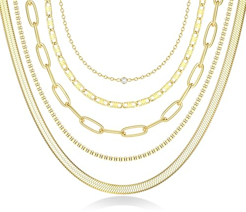 CASSIECA 5Pcs Halskette Damen Edelstahl Kette Damen Büroklammerkette Kubanische Kette Stapelbar Halskette Damen Gold/Silber/Rosegold